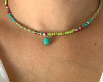 Gold, turquoise blue and green seed bead necklace, small turquoise blue and green dainty beaded necklace, choker layering beaded necklace