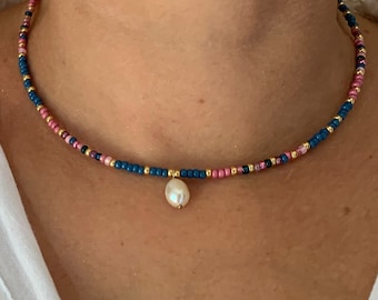 14K GF pink and blue seed bead and freshwater pearl necklace, blue and pink necklace, seed bead necklace, bohemian boho chic necklace