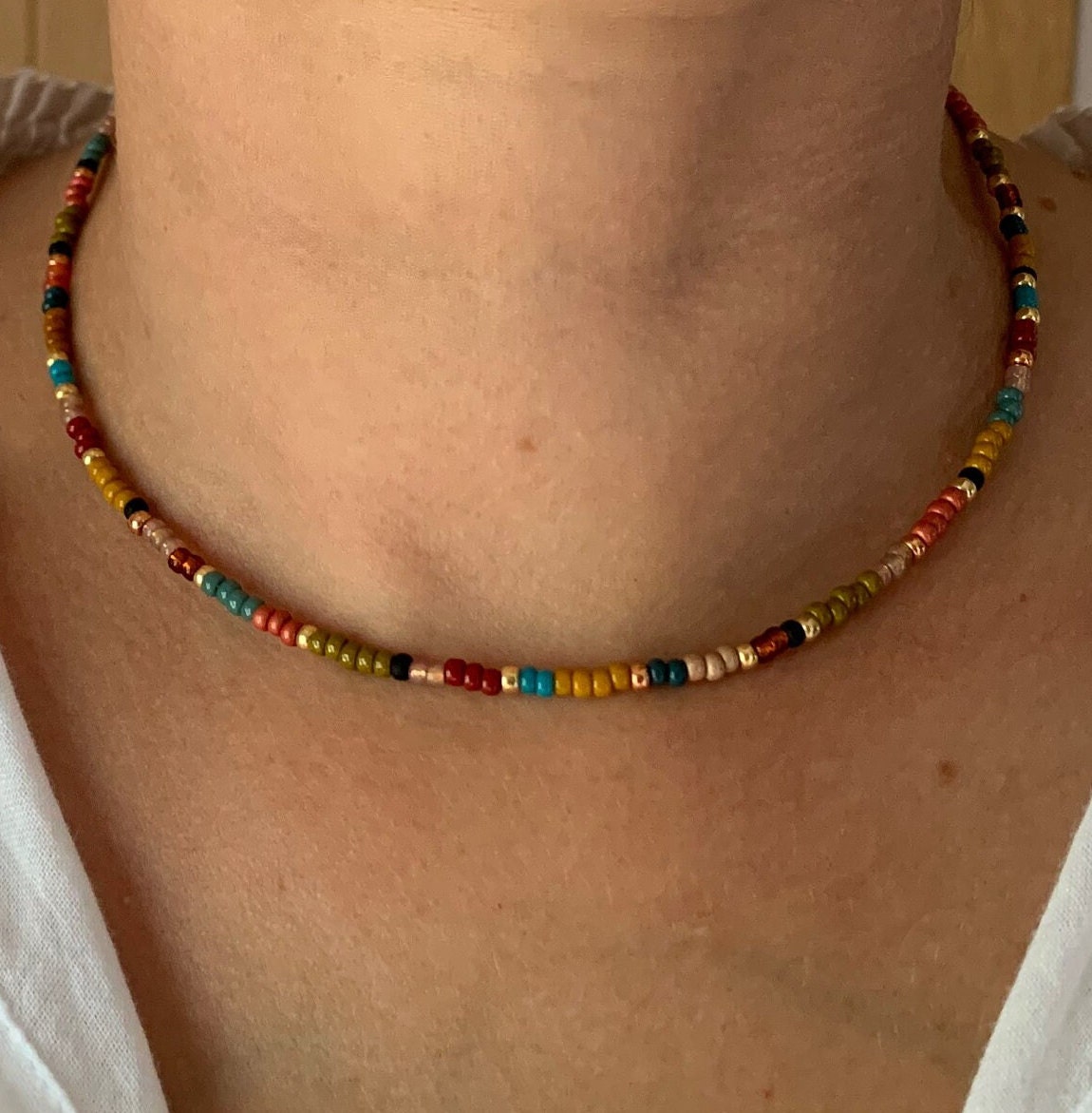 Gold Filled multicolor seed bead necklace, multicolor beaded necklace, delicate necklace, boho chic seed bead necklace, minimalist necklace