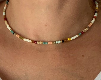 14K GF multicolor seed bead necklace, multicolor beaded necklace, miyuki necklace, minimalist beaded necklace, boho chic boho choker