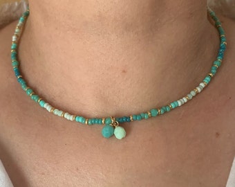 14K GF turquoise seed bead necklace with turquoise and light green beads pendant, turquoise beaded necklace, colored beaded choker,