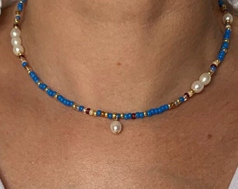 14K GF collier perle de rocaille bleu et perle, collier perle d'eau douce, collier bleu, collier miyuki, collier boho, collier couleur vive