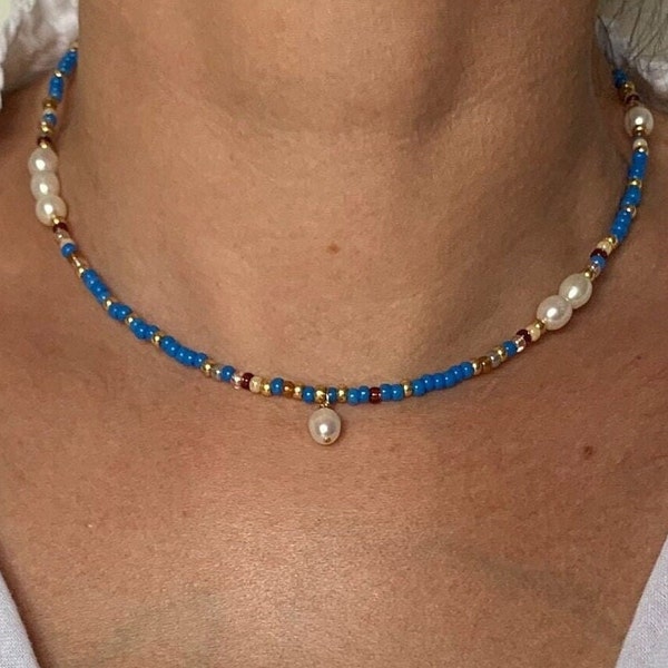 14K GF collier perle de rocaille bleu et perle, collier perle d'eau douce, collier bleu, collier miyuki, collier boho, collier couleur vive