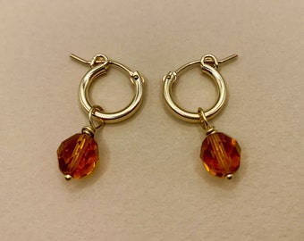 Gold filled bead charm hoops earrings, Topaz bead charm hoops, small colored bead charm hoops, hoops earrings, jewelry gift