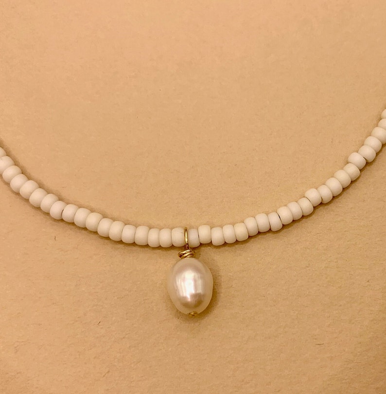 14K GF White seed bead and freshwater pearl necklace, white minimalist necklace, miyuki necklace, white necklace, weeding necklace wedding image 3