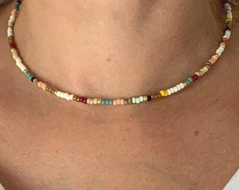 Gold and multicolor seed bead necklace, dainty colored beaded necklace, minimalist layering seed bead necklace, dainty boho seed bead choker