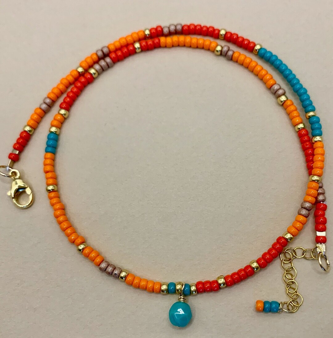 14K GF Seed Bead Orange Coral and Turquoise Necklace Seed - Etsy