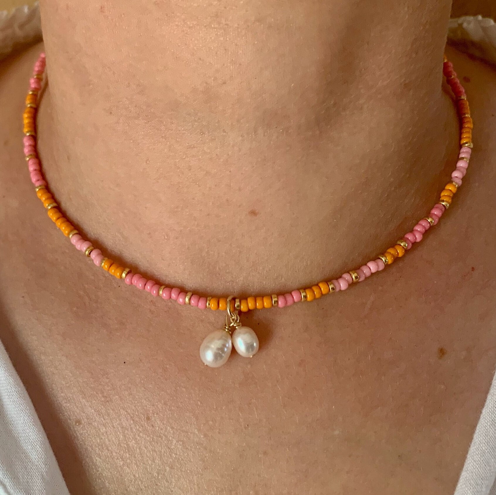 14K GF pink and orange seed bead necklace with freshwater pearls charm, pink orange beaded necklace, delicate necklace, pink orange necklace