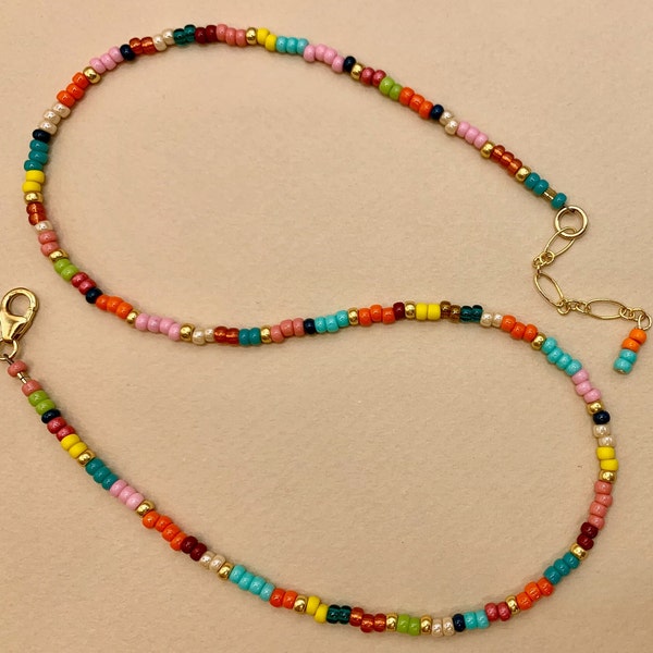 14K GF multicolor seed bead necklace, bright color bead necklace, seed bead necklace minimalist choker delicate choker, seed beaded necklace