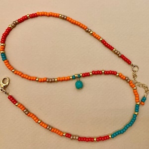 14K GF seed bead orange coral and turquoise necklace, seed bead necklace, bright color bead necklace, miyuki necklace, gift