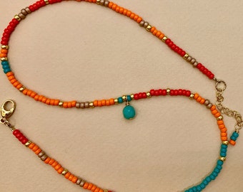 14K GF seed bead orange coral and turquoise necklace, seed bead necklace, bright color bead necklace, miyuki necklace, gift