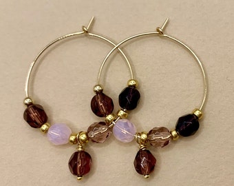 Gold filled lightweight beads hoops earrings, rose and violet beads hoops earrings, color beads fine hoops earrings, beaded hoops earrings