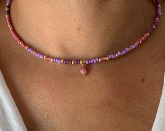 14K GF Collier perle de rocaille violet mauve, collier violet, collier perle de rocaille, collier de perle délicat, collier de perle coloré