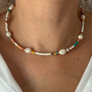 Colar de miçangas pastel e pérolas de água doce, colar de miçangas e pérolas, colar miyuki, colar feito à mão, colar boho
