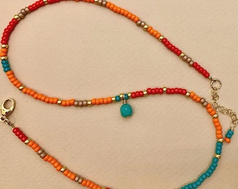 Gold seed bead orange red and turquoise necklace, orange seed bead necklace, dainty brightly colored beaded necklace, choker bead necklace