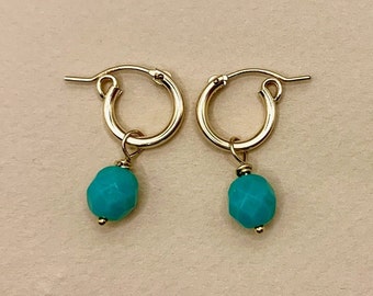 Gold filled bead charm hoops earrings, small colored bead hoops earrings, turquoise blue bead hoops, small hoops, jewelry gift