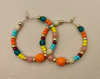 Gold filled hoops seed beads earrings, bright multicolored beads hoops earrings, beaded hoops, miyuki beaded hoops earrings, fine hoops