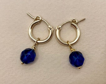 Gold filled earrings hoops blue bead charm, small colorful bead hoops, small blue charm hoops, small hoop earrings, blue hoops earrings