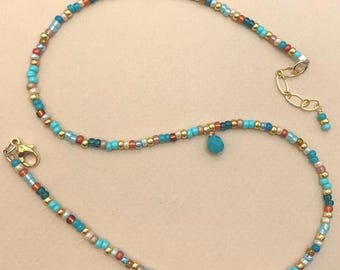 Gold, turquoise blue seed bead necklace, dainty turquoise bead necklace, Miyuki turquoise seed bead handmade necklace, stacking bead choker