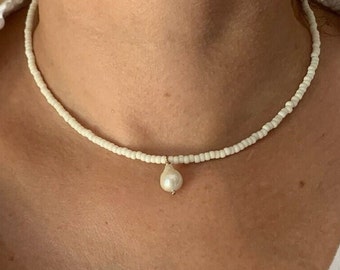 Collier 14K GF perle de rocaille blanc perle d'eau douce, collier perle blanc minimaliste, collier miyuki, collier blanc, collier mariage