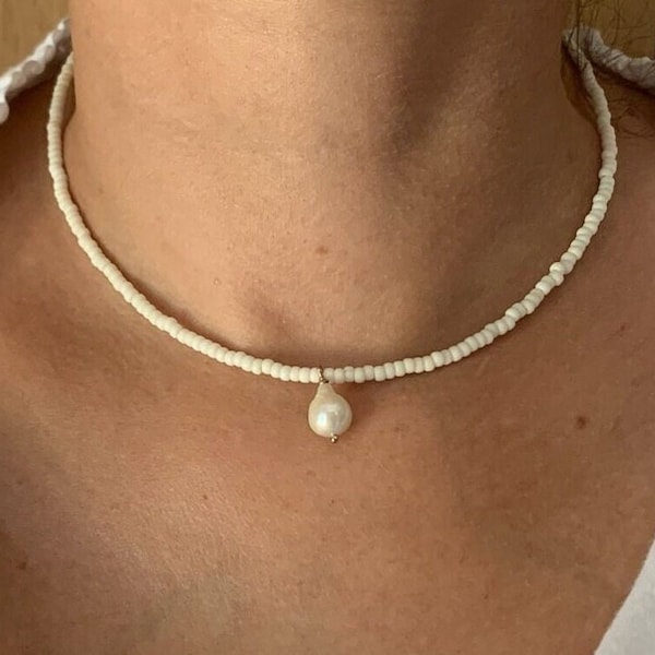 Collier 14K GF perle de rocaille blanc perle d'eau douce, collier perle blanc minimaliste, collier miyuki, collier blanc, collier mariage