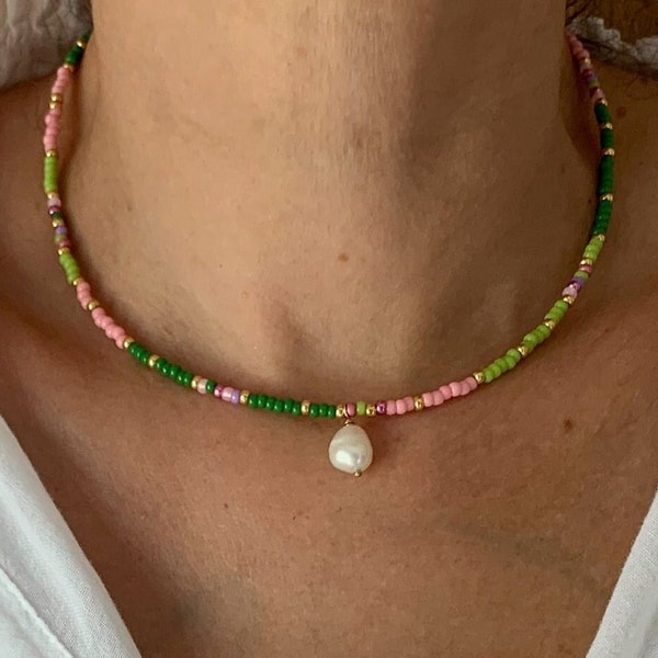 14K GF pink and green seed bead necklace, pink necklace, green necklace, colorful necklace, necklace, colorful jewelry, boho jewelry, jewel