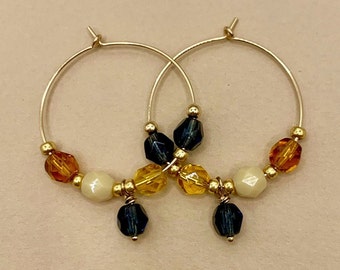 Boucles d'oreilles créoles Gold filled, créoles perles couleur Topaze et bleu Saphir, créoles légères perles couleur, créoles fines perles