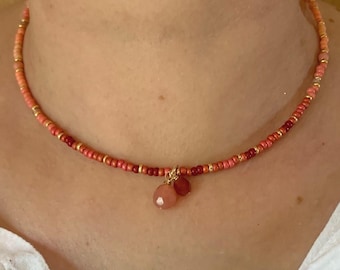Gold, pink and red seed bead necklace with pink bead pendant, small pink bead boho chic choker necklace, dainty pink beaded choker necklace