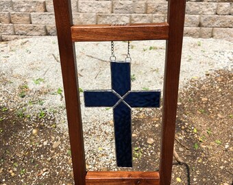 Cross stained glass in a walnut wood frame / hanging cross sun catcher