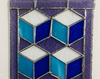 Cubic Blue Stained Glass Hanging Panel