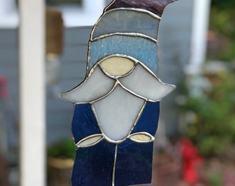 Stained Glass Gnome - Figgy the Gnome Handmade Stained Glass Garden Suncatcher - Gnome Window Ornament - Figgy the Blue Stained Glass Gnome