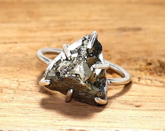 925 Sterling Silver Raw Pyrite Ring, Rustic Gemstone Prong Setting, Handmade Boho Statement Jewelry