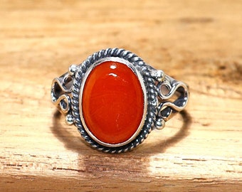 Naturlig karneolring, 925 sterlingsilver, vintageinspirerad, bohemiska ädelstenssmycken, orange cabochon, handgjord