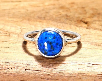 Blue Lapis Lazuli Gemstone Ring for Women, Sterling Silver, Round Cabochon, Stackable, September Birthstone