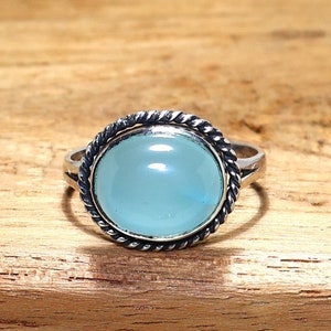 Chalcedony Ring, 925 Sterling Silver Handmade Promise Ring, Natural Aqua Chalcedony Oval Blue Gemstone Jewelry, March Birthstone Unique Gift