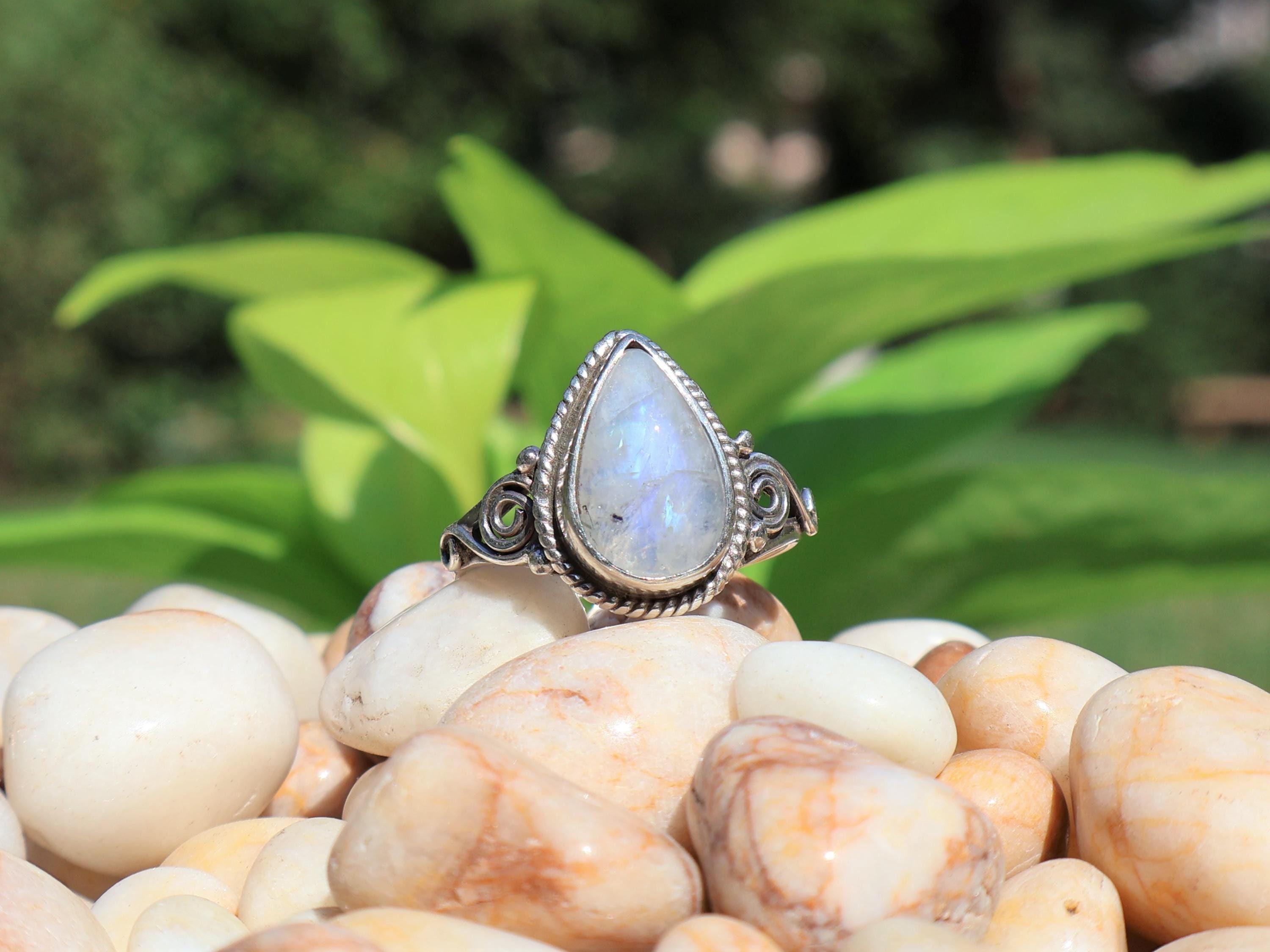 Genuine Rainbow Moonstone Ring - 10x14mm Pear Cut With .925 Silver Plated Solitaire Setting (Size 6.5)