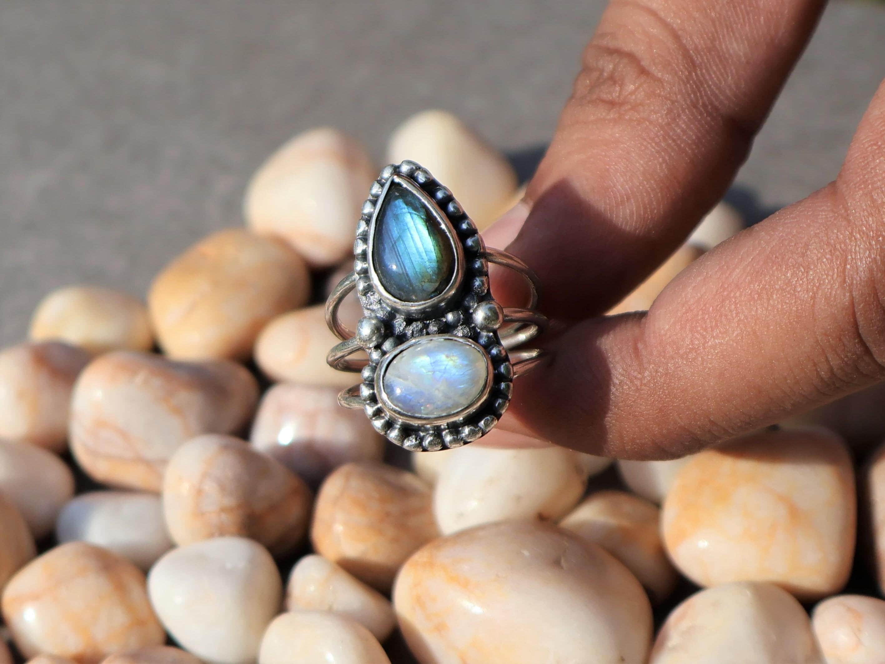Rainbow Moonstone Labradorite Ring: Handmade 925 Sterling Silver