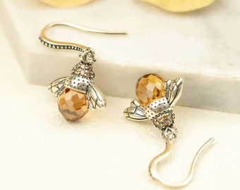 Bee earrings mid length gold plate yellow enamel crystal in gift box Bee earrings mid length gold plate yellow enamel crystal in gift box