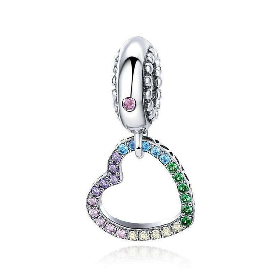 Sterling Silver Chain Bracelet Rainbow CZ Heart Dangle Charms
