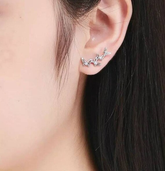 Silver Butterfly Crawler Earrings Creeper Earrings Butterfly