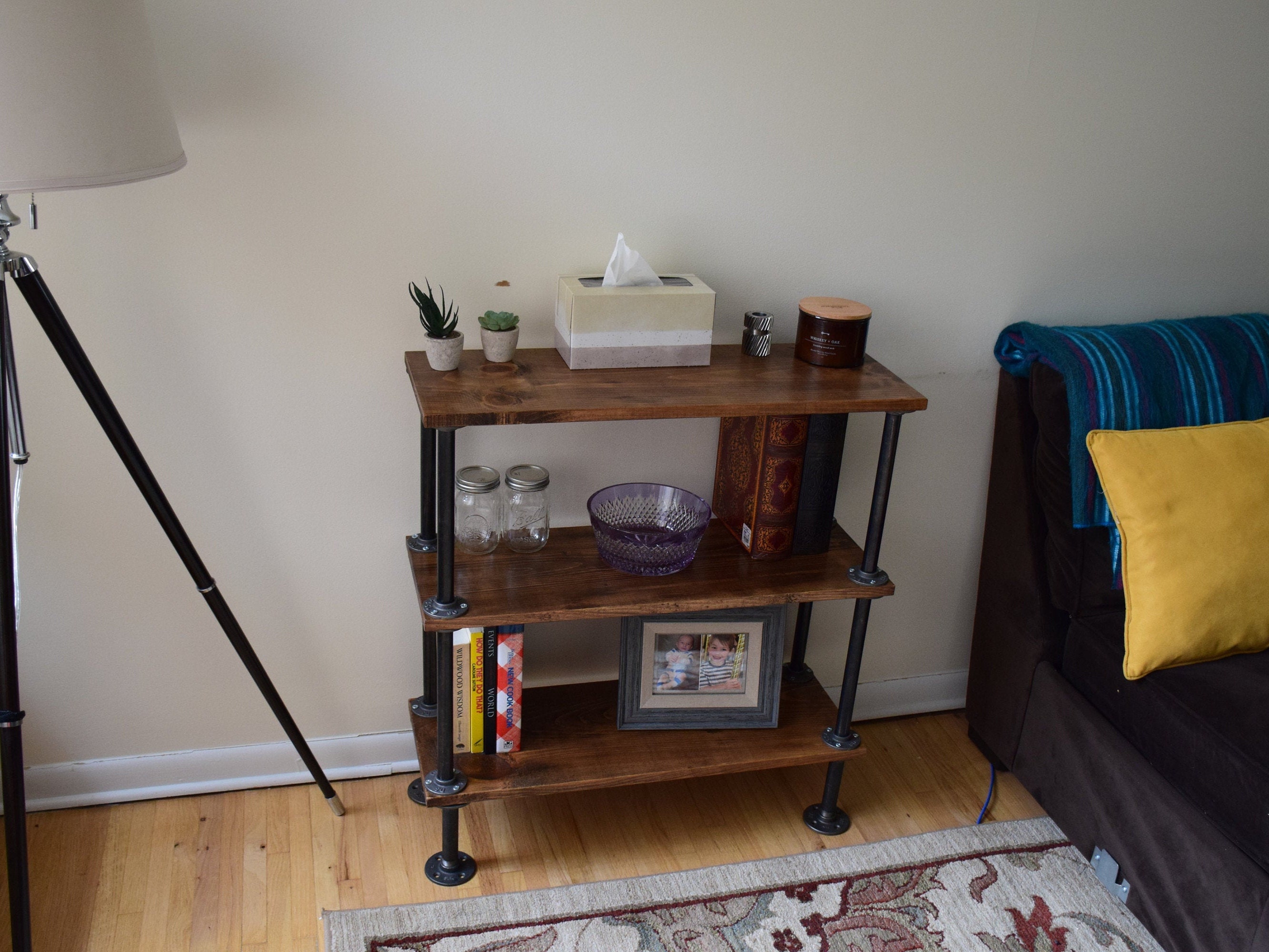Free-standing, Wood and Black Iron Pipe fitting, Shelf Storage, Bookcase, Display
