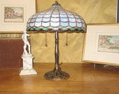 PG 31 Rare Signed Bronze DL Neuhauser Chicago Stained Slag Glass Lamp Double Socket