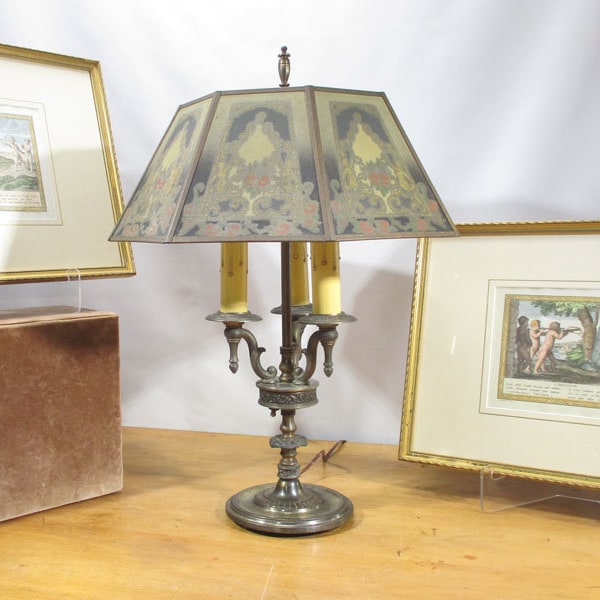 PG 44 Signed Antique Rembrandt Bouillotte Table Lamp Painted Mesh Shade Art Deco