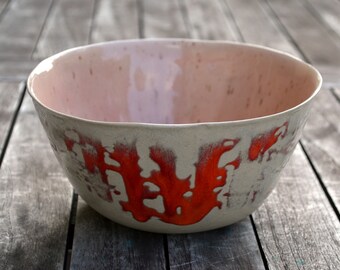 Ceramic bowl 16 and a half, bowl for muesli or salad made of light ceramic, inside old pink glazed, outside orange-red accents