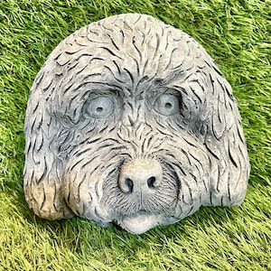 May include: A grey, stone-like sculpture of a dog's face, with detailed fur texture and expressive eyes. The sculpture is set against a backdrop of green artificial grass, creating a naturalistic setting. The dog's nose and mouth are clearly defined.