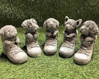 Concrete Puppies Dogs In Boots Small Sculpture Lawn Ornament / Dog Ornament / Dog Memorial / Dog Gift Frost Protected