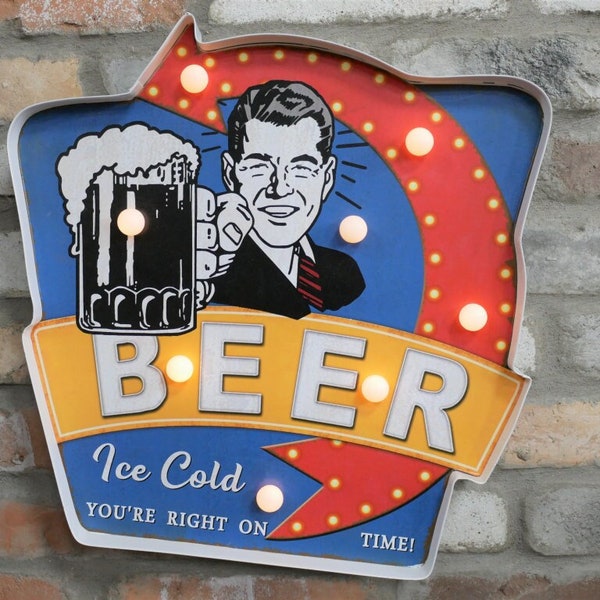 Vintage Style Light Up Ice Cold Beer Sign Metal Arrow Bar Area / Man Cave Gift Idea