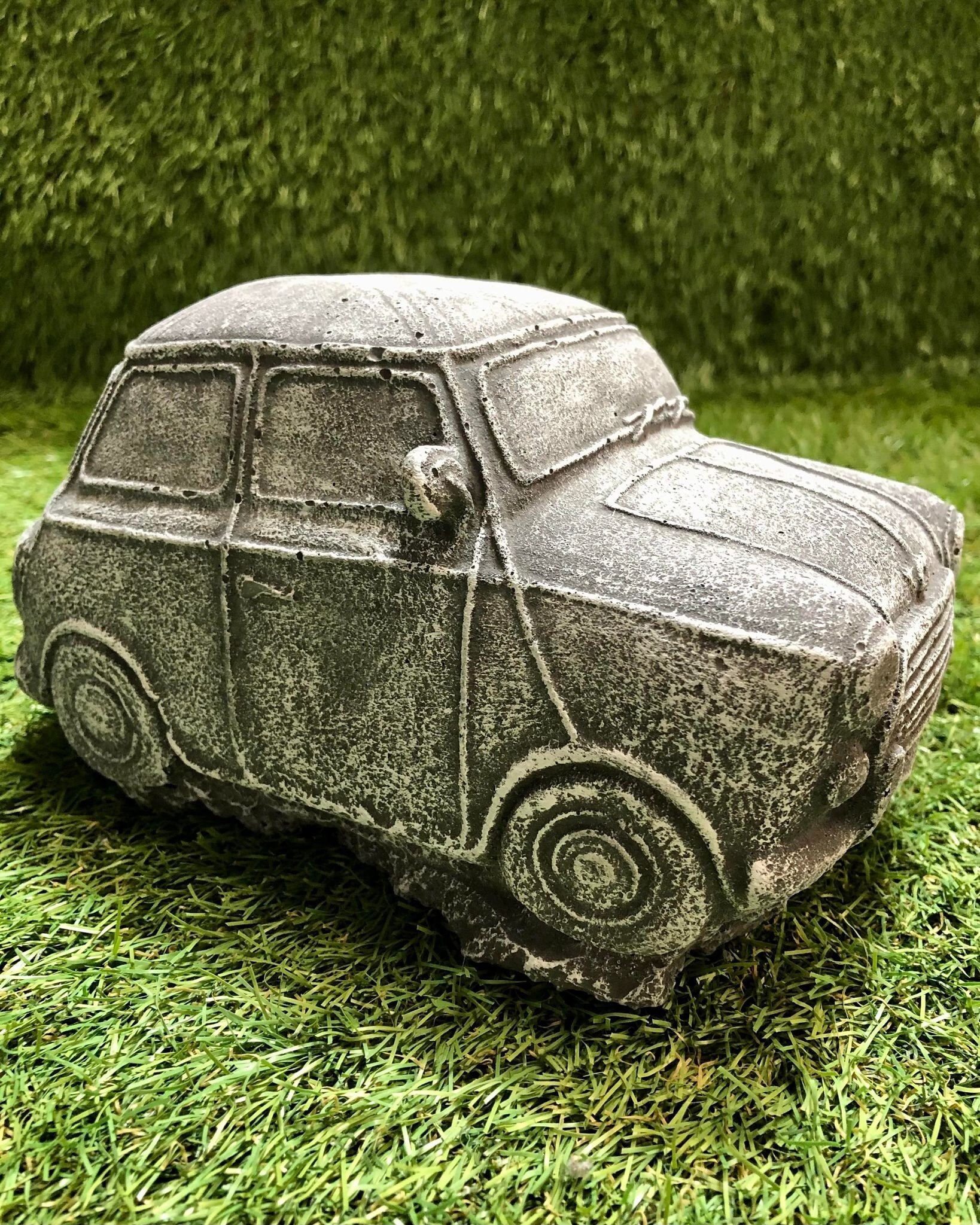 Concrete Classic Mini Car Union Jack Sculpture Garden Lawn