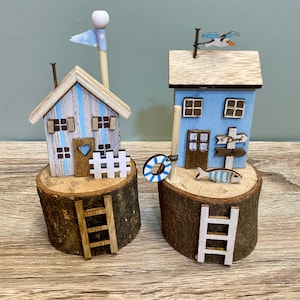 Rustic Coastal Houses On Wooden Block Village House Indoor Home Ornament Bathroom Sea life Holiday Home Nautical Décor beach