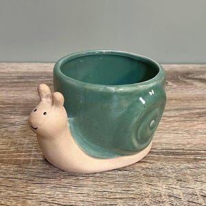 May include: A teal ceramic snail-shaped planter. The snail's head and base are beige. The planter has a round opening for plants and a whimsical design. Ideal for small plants or succulents.